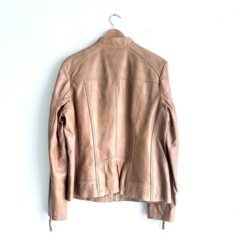 Black Rivet Tan Genuine Soft Leather Moto Jacket Large Biker Streetwear - Picture 7 of 7